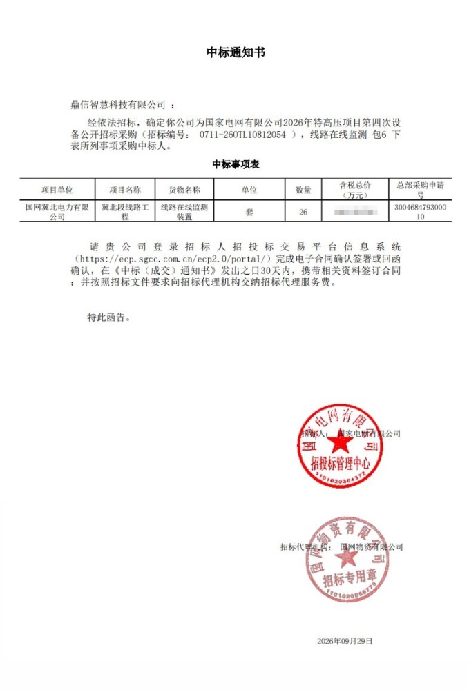 2026年09月29日 成功中标为国家电网有限公司采购项目 线路在线监测装置